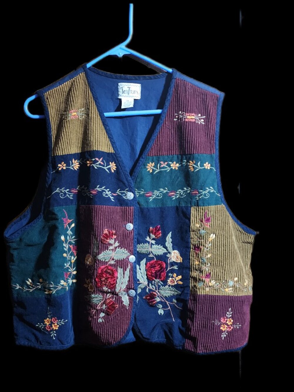 TanTrums Vintage Patchwork Corduroy Floral Embroidered Button Vest Plus Size 3X
